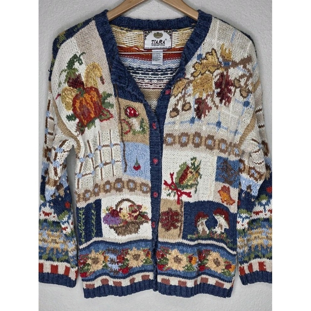 Tiara International Harvest Farm Fall Patchwork Cardigan Sweater Cottage Knit Lg